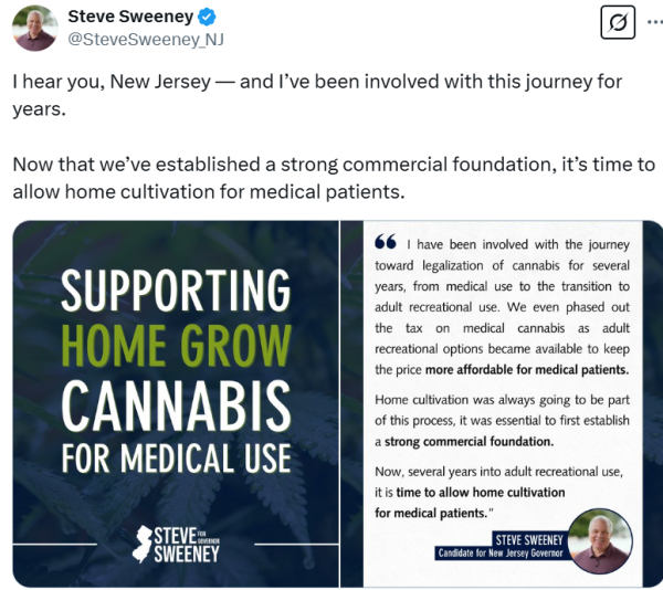 Guv Candidate Former NJ Senate President Steve Sweeney Endorses Medical Home Growing Legalization